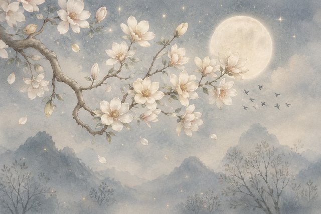 Moonlit blossoms over misty mountains