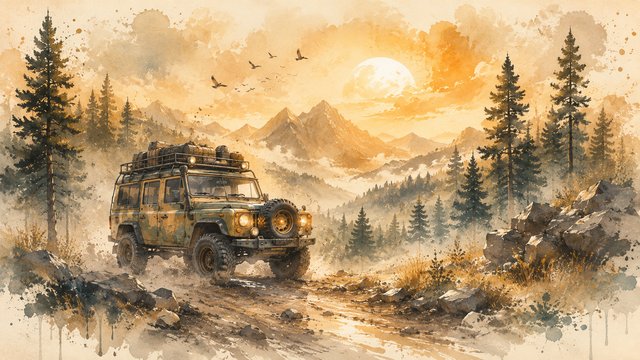 Off-road journey under misty skies