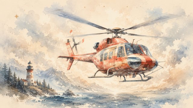 Rescue helicopter over coastal lighthouse