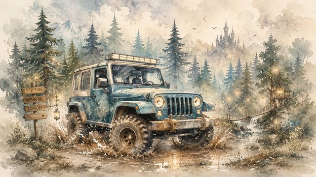 Whimsical off-road adventure in a misty forest