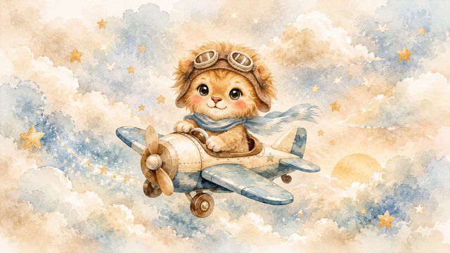 Whimsical sky journey with a lion