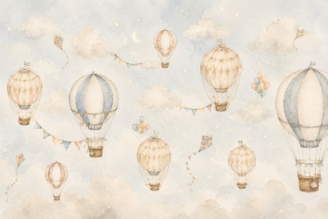 Whimsical sky with floating balloons
