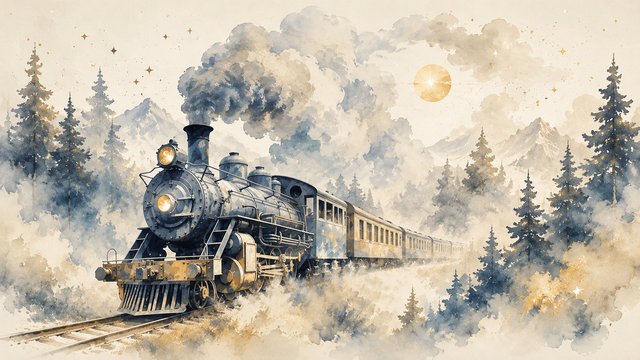 Whimsical steam train in misty forest