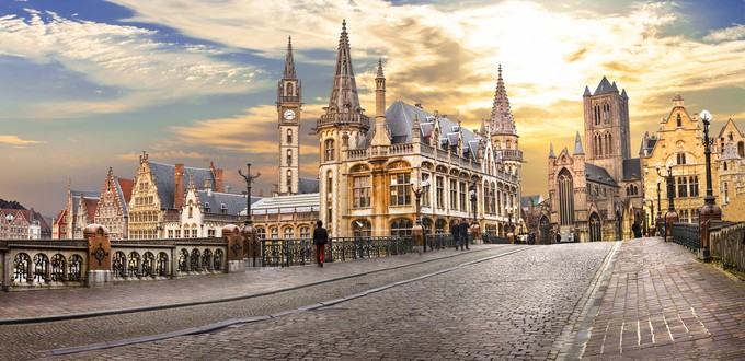 Medieval Ghent over sunset, Belgium