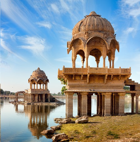 Rajasthan, North India, Artistically carved temples and shrines around The Lake Gadisar Jaisalmer