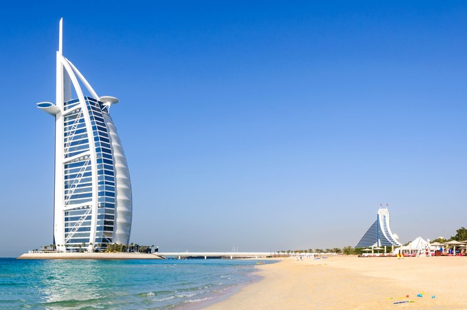 View of Burj Al Arab hotel from the Jumeirah beach, Dubai