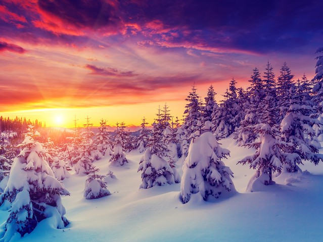 Fantastic evening landscape glowing by sunlight - Dramatic wintry scene