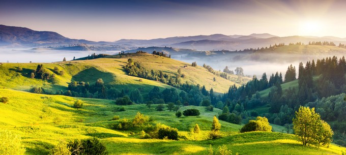 Majestic sunset in the mountains landscape, Dramatic sky, Carpathian, Ukraine