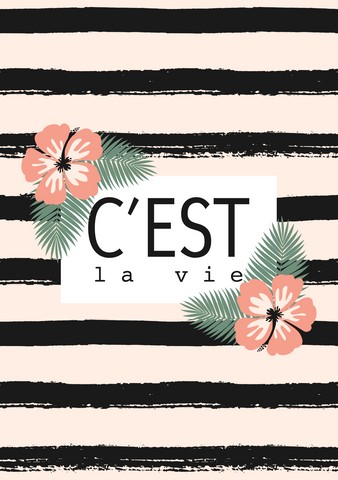 Hibiscus blossoms and palm leaves decoration. CestLa Vie